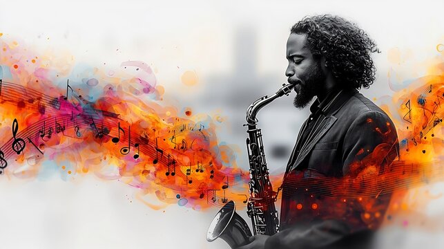 Silhouetted Jazz Saxophonist Amid Swirling Colorful Musical Notes on Blank Background