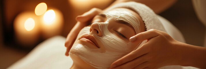 A serene moment captured as a woman receives a soothing facial treatment with a cream mask applied, evoking relaxation and indulgence in a spa setting.