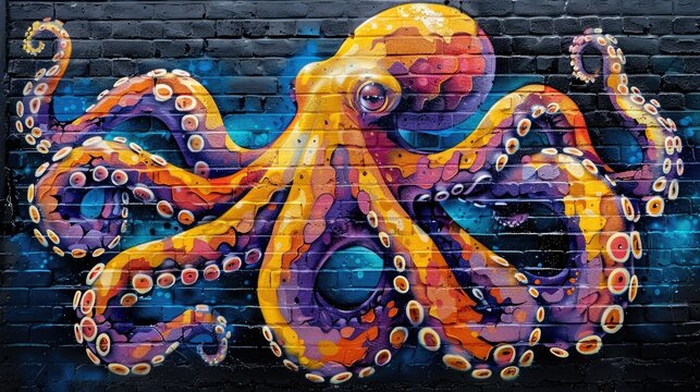 A vibrant mural of an octopus against a colorful background on a brick wall.