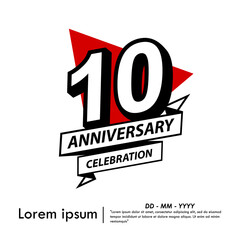 10th years anniversary celebration emblem. black anniversary logo isolated with ribbon and red triangle on white background. vector illustration template design for web, flyers, poster, greeting card