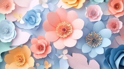 Floral paper cut art illustration background with beautiful elegant floral patterns and soft colors, Artistic display of handcrafted pastel paper flowers arranging randomly with patterns.