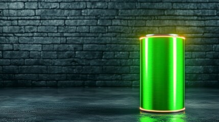 Illuminated green cylinder in industrial warehouse 3d render dark environment futuristic conceptual...