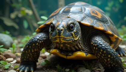 Naklejka premium Curious Yellow-Marked Turtle with Contemplative Gaze Resting Among Natural Rocks
