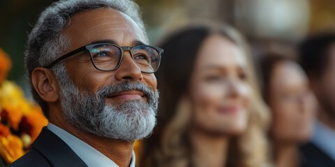 Fototapeta premium A Distinguished Gentleman with Glasses Smiles at a Public Event, Expressing a Sense of Contentment and Joy in a Social Gathering Setting with Diverse Background Figures