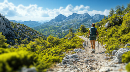 Fototapeta premium Hiking through a breathtaking mountainous landscape on a sunny day with lush greenery