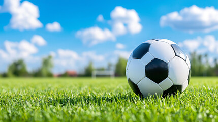 Fototapeta premium A close-up of a soccer ball on lush green grass under a blue sky with fluffy clouds.