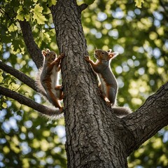 squirrels_oak_tree: A pair of squirrels playing on a towering oak tree in a sunlit forest.

