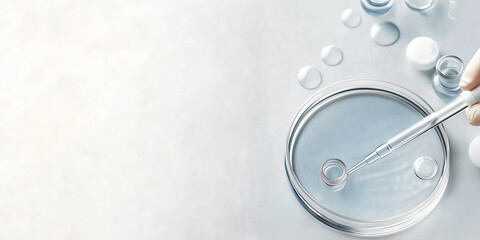 A laboratory setup with a Petri dish, pipette, and various lenses, set on a clean white background, representing scientific exploration and precision.