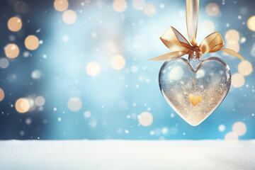 A transparent, heart-shaped glass Christmas ornament on golden ribbon light blue bokeh background. The perfect design for your festive greeting card or banner