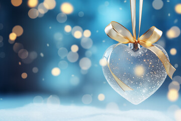 A transparent, heart-shaped glass Christmas ornament on golden ribbon light blue bokeh background. The perfect design for your festive greeting card or banner