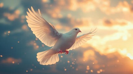 Obraz premium A serene white dove in flight amidst a dreamy sunset sky with soft glowing clouds, symbolizing peace and hope, creating a warm and ethereal atmosphere reflective of tranquility and serenity.