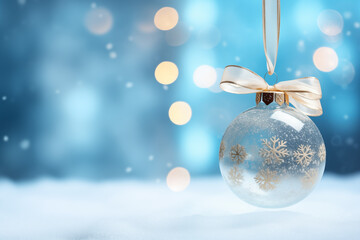 A glass Christmas decoration ornament on golden ribbon against a light blue background creating an enchanting winter scene for holiday greeting cards or festive designs