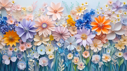 Floral paper cut art illustration background with beautiful elegant floral patterns and soft colors, Artistic display of handcrafted pastel paper flowers arranging randomly with patterns.