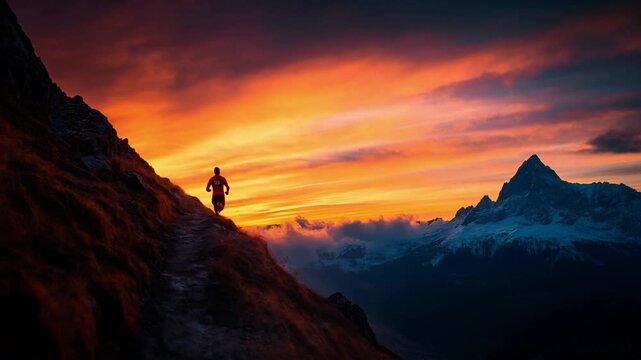 A runner is on a mountain trail at sunset. The sky is orange and the mountains are in the background