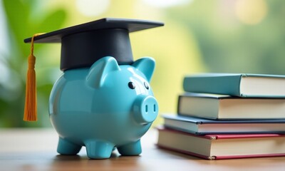 Graduation cap on blue piggy bank stacked textbooks