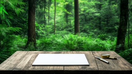 Serene Forest Workspace - Blank paper, pen, magnifying glass on rustic wood table, lush green forest backdrop. Symbolizes nature, research, planning, discovery, tranquility.