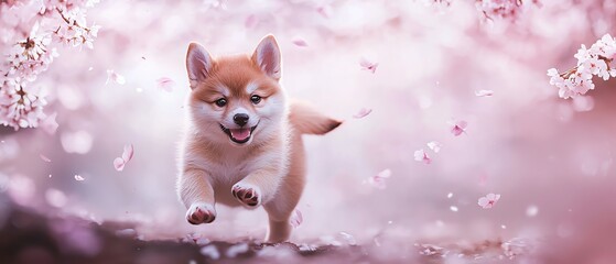 Tiny Shiba Inu puppy running through a Japanese garden, cherry blossoms falling, delicate and energetic motion
