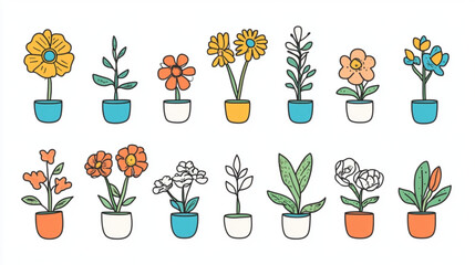 
Cartoon-style doodles with retro-inspired flower and line designs for vector sets