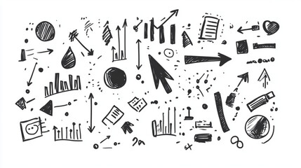 Abstract doodle set with arrows, data icons, and creative symbols for infographics