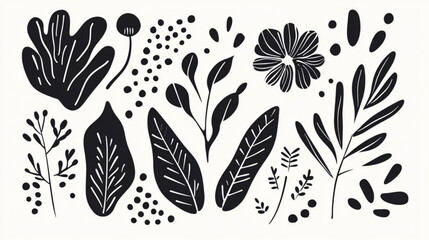 Abstract doodles of minimalistic shapes, leaves, and flowers for contemporary design