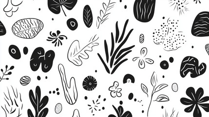 Abstract doodles of minimalistic shapes, leaves, and flowers for contemporary design
