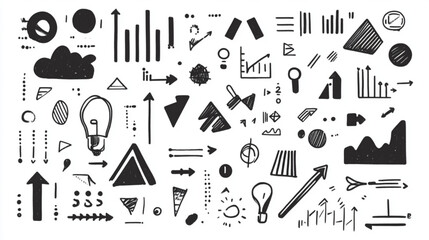 Abstract doodle set with arrows, data icons, and creative symbols for infographics