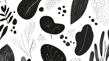 Abstract doodles of minimalistic shapes, leaves, and flowers for contemporary design