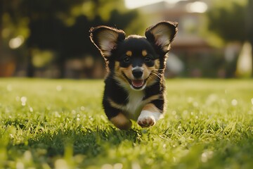 Corgi puppy sprinting across a green grass field, ears flopping, adorable dynamic pose, high-speed capture