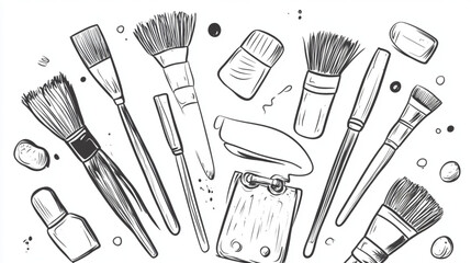 
Artistic materials doodles with brushes, palettes, and paint for graphic design resources