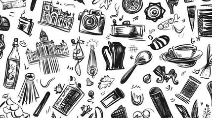 Artistic doodles of classical and contemporary objects for design elements, studio