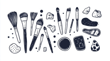 
Artistic materials doodles with brushes, palettes, and paint for graphic design resources