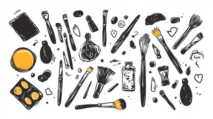
Artistic materials doodles with brushes, palettes, and paint for graphic design resources