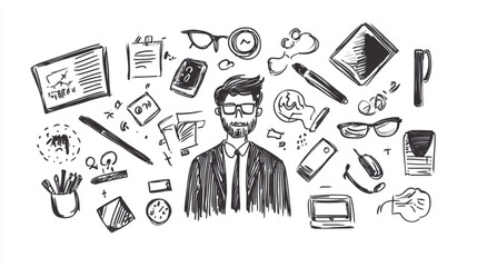 Business casual doodle icons and graphic symbols for projects