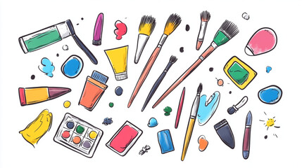 
Artistic materials doodles with brushes, palettes, and paint for graphic design resources