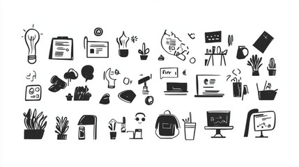 Business-themed doodle sets with office and startup symbols for vector illustrations