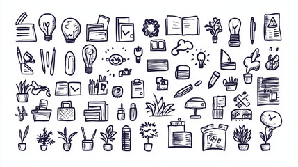 Business-themed doodle sets with office and startup symbols for vector illustrations