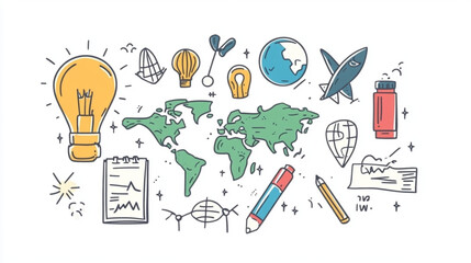 Business-themed doodles with science, travel, and finance icons for vector illustrations
