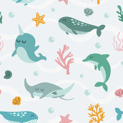 Fototapeta premium Under the sea animals seamless pattern. Cute whale, stingray, dolphin, and narwhal. Cute background.