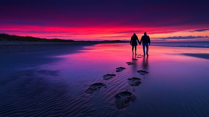 Couple walking at dusk with footsteps on beach.