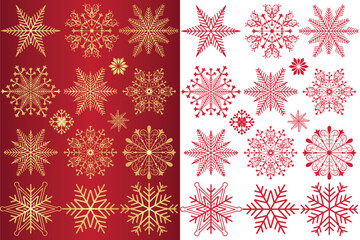 Vector set christmas handwork golden vintage snowflakes on a dark red gradient background and red monochrome snowflakes isolated on transparent background