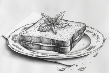 A beautifully illustrated sandwich with leaves, served on a delicate plate, showcasing minimalistic art.