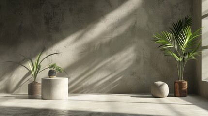 Minimalist room with potted plants and sunlight streaming through