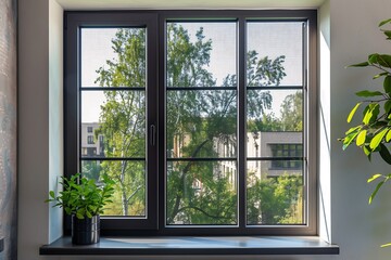 a wide horizontal window with large metal frames showcasing outside view in a living room 