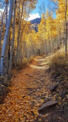 Obraz premium Winding Forest Trail Covered with Autumn Leaves in a Vibrant Scene