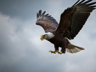 Obraz premium The bald eagle, a majestic bird of prey, soars through the blue sky with powerful wings in flight