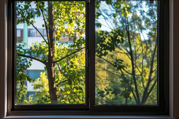 Naklejka premium a wide horizontal window with large metal frames showcasing outside view in a living room 