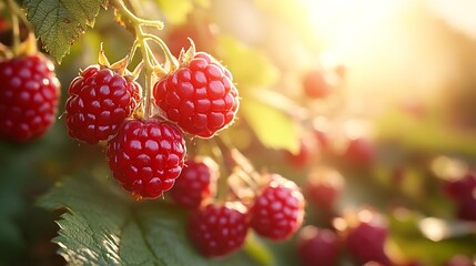 Close up of some ripe raspberries growing on a vine.