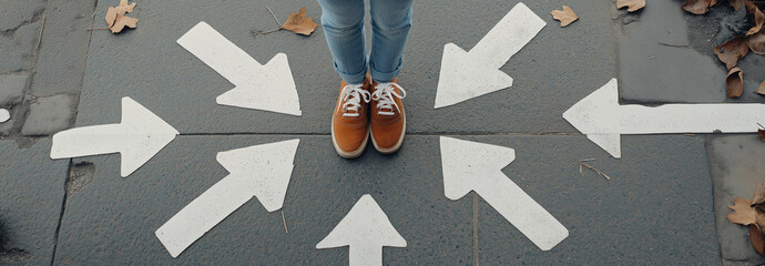 A person wearing brown shoes stands on pavement surrounded by large white arrows pointing in various directions, symbolizing decision-making or choices.