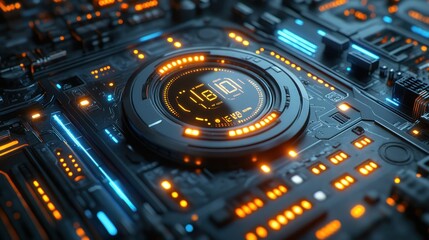 Obraz premium Close-up view of a futuristic circuit board with glowing orange and blue electronic components and a digital display.