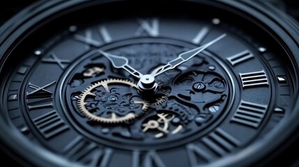 Close-up view of a luxury watch's intricate mechanism with Roman numerals.